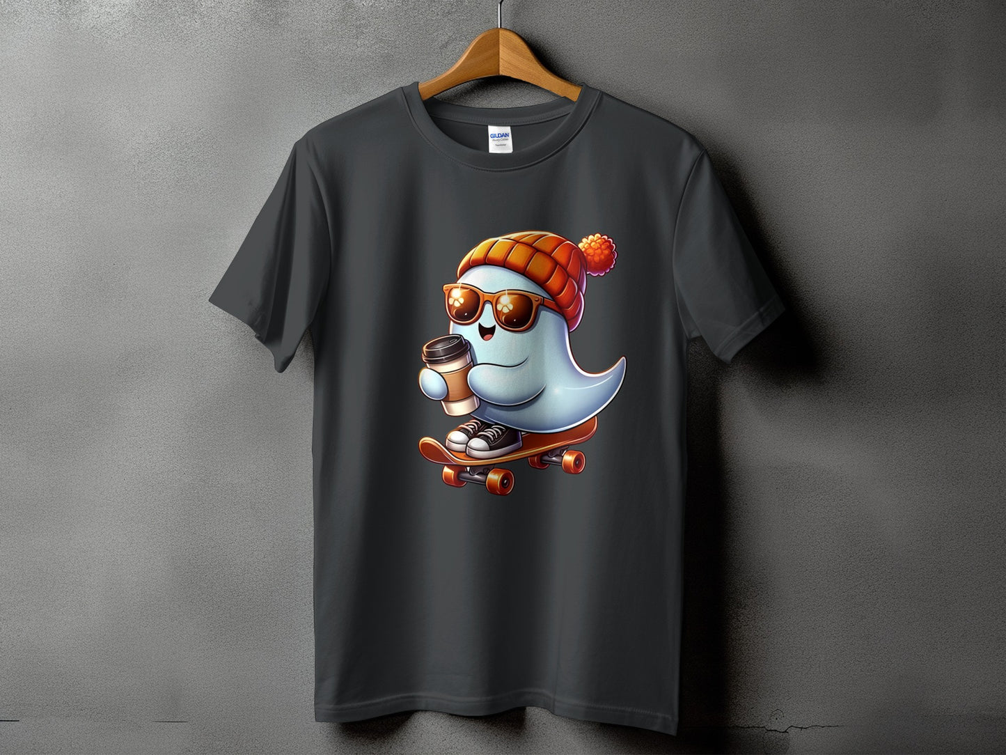 Ghost wearing sunglasses and beanie rides skateboard with coffee on dark t-shirt.