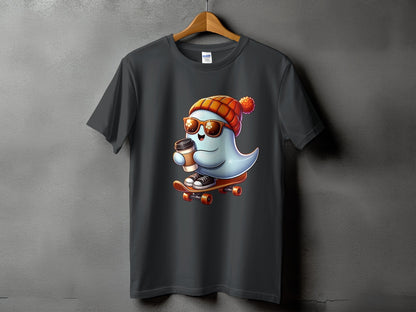 Ghost wearing sunglasses and beanie rides skateboard with coffee on dark t-shirt.
