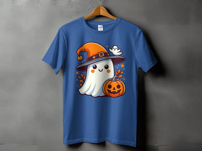 Blue t-shirt with cartoon ghost, jack-o'-lantern, and small ghost graphic.