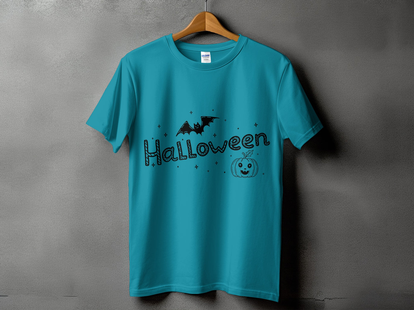 Teal t-shirt with bat, "Halloween" text, and pumpkin graphic.