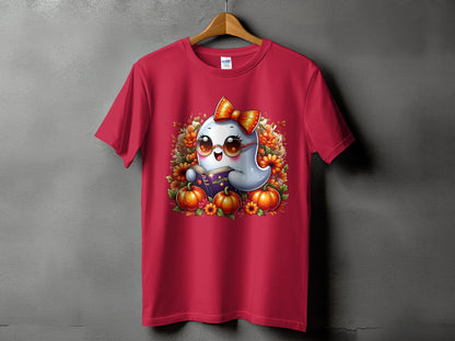 Red t-shirt featuring a cartoon ghost wearing sunglasses and reading a book titled "Halloster".