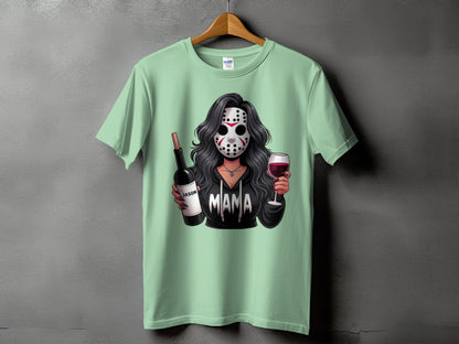 Illustration of woman in Jason mask holding wine bottle and glass with "Mama" text.