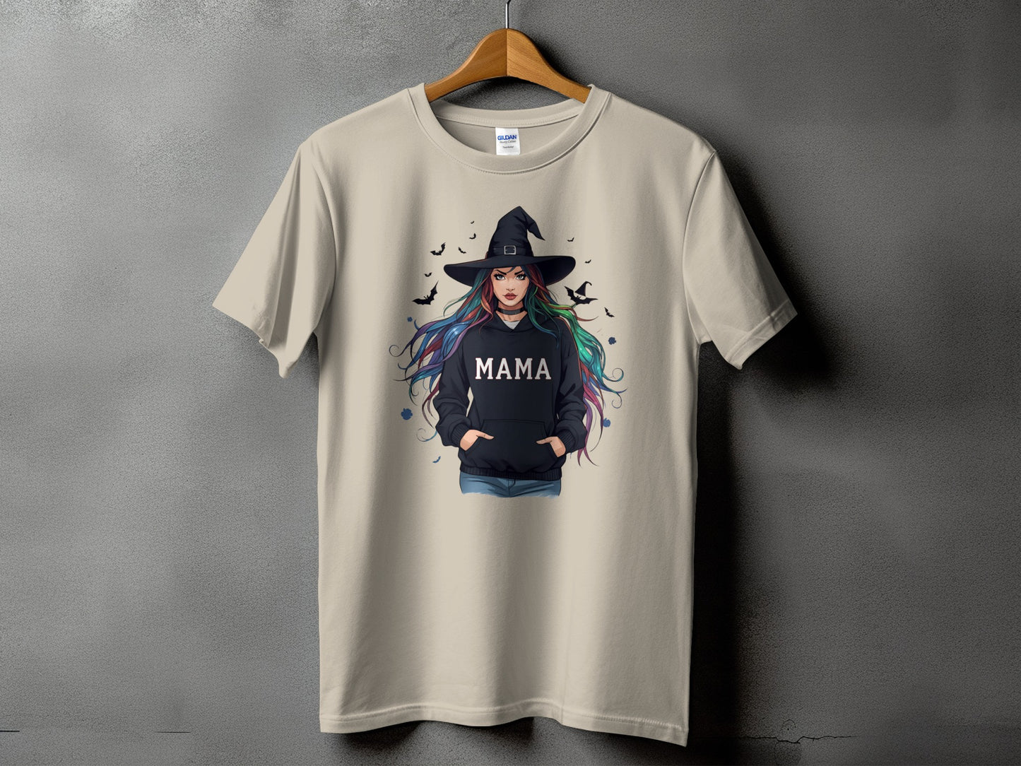 T-shirt with witch graphic and "MAMA" text on a black hoodie.