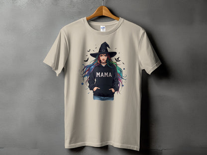 T-shirt with witch graphic and "MAMA" text on a black hoodie.