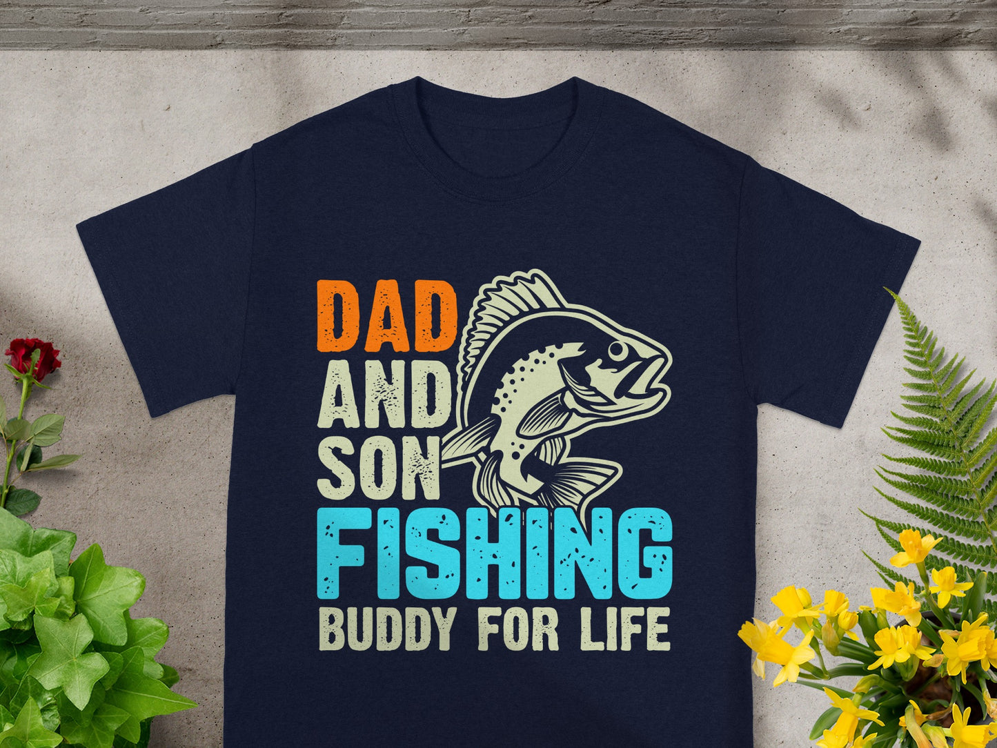Dad and Son Fishing Buddy for Life text with a fish illustration.