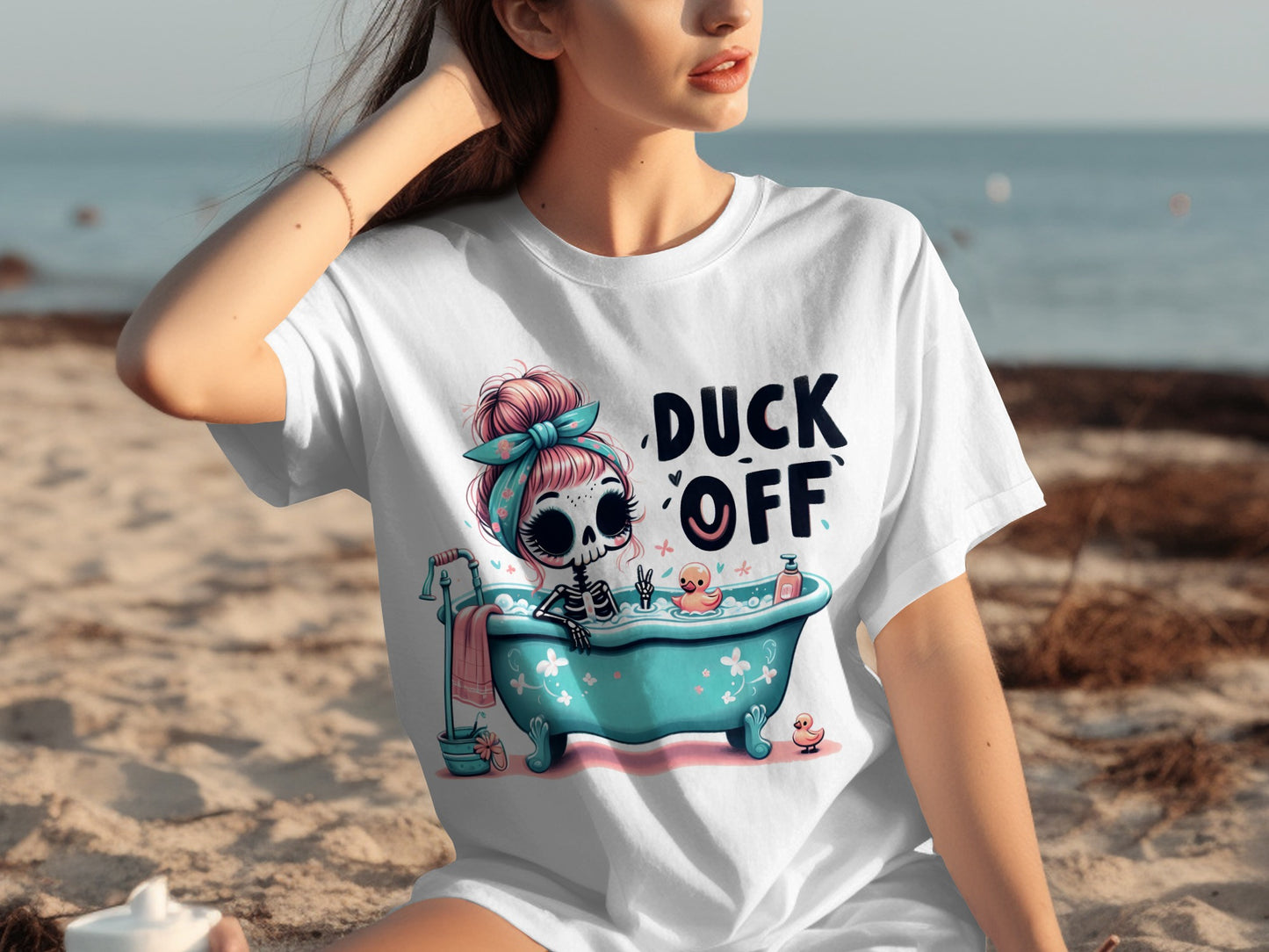 Duck Off Skeleton in Bathtub Graphic T-shirt