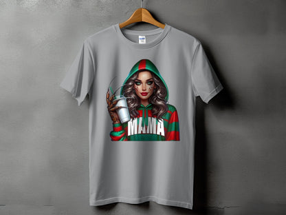 T-shirt with graphic of a woman in a green hooded sweater with red stripes and the word "MAMA"