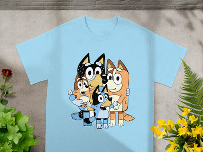 Bluey and Bingo family graphic on a light blue t-shirt.