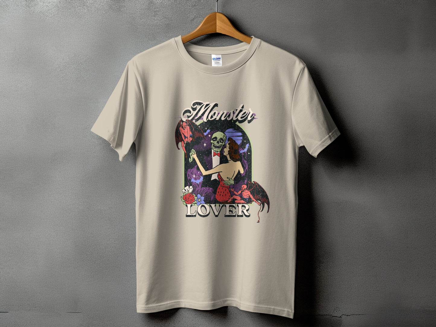 T-shirt with "Monster Lover" text and illustration of a skeleton, devil, and woman.