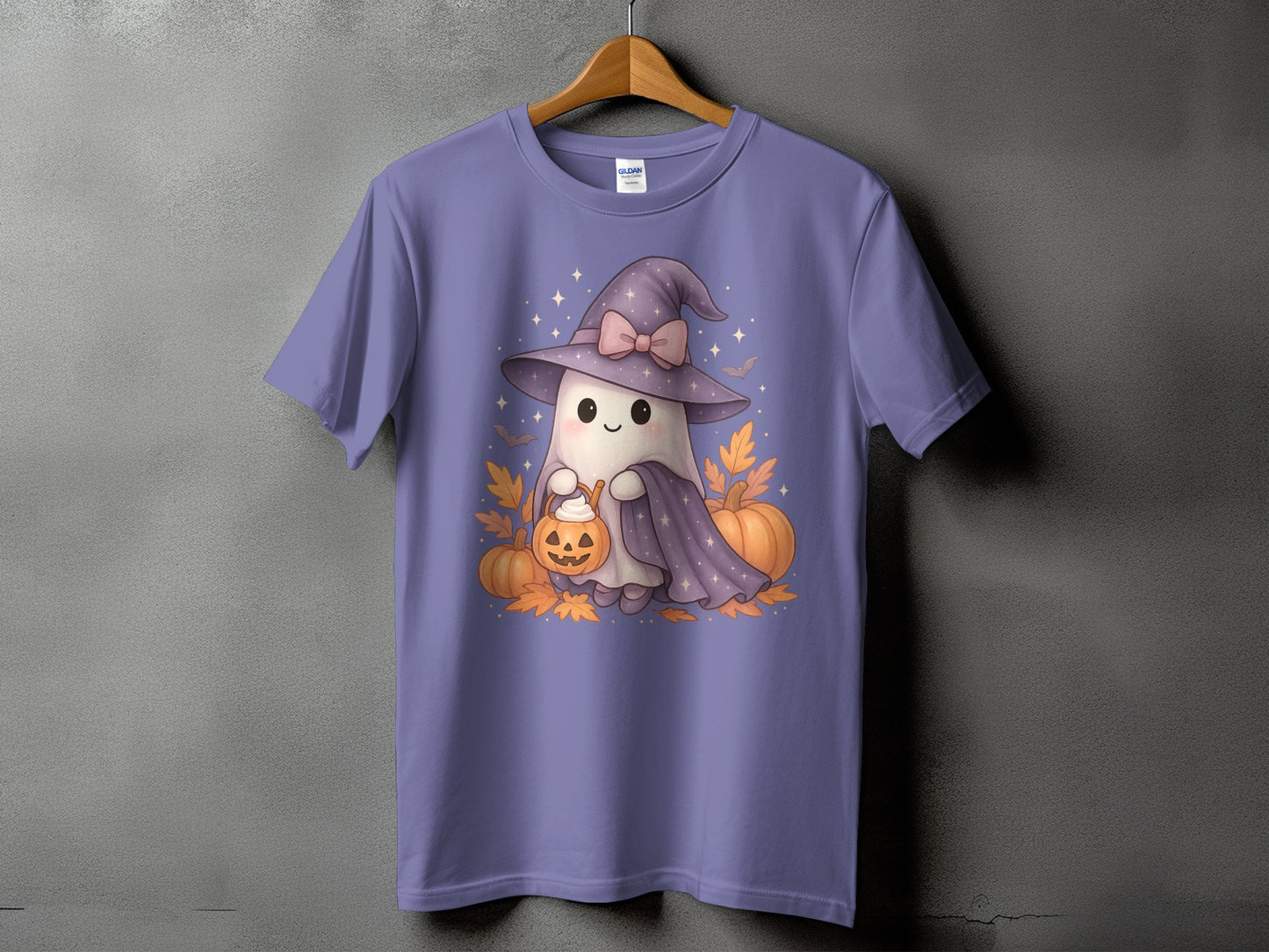 Cute ghost in witch hat holding a jack-o'-lantern with pumpkins and leaves.