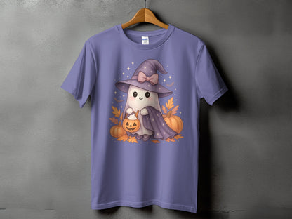 Cute ghost in witch hat holding a jack-o'-lantern with pumpkins and leaves.