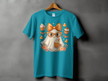 Teal t-shirt with a cute ghost wearing glasses and holding a pumpkin latte.