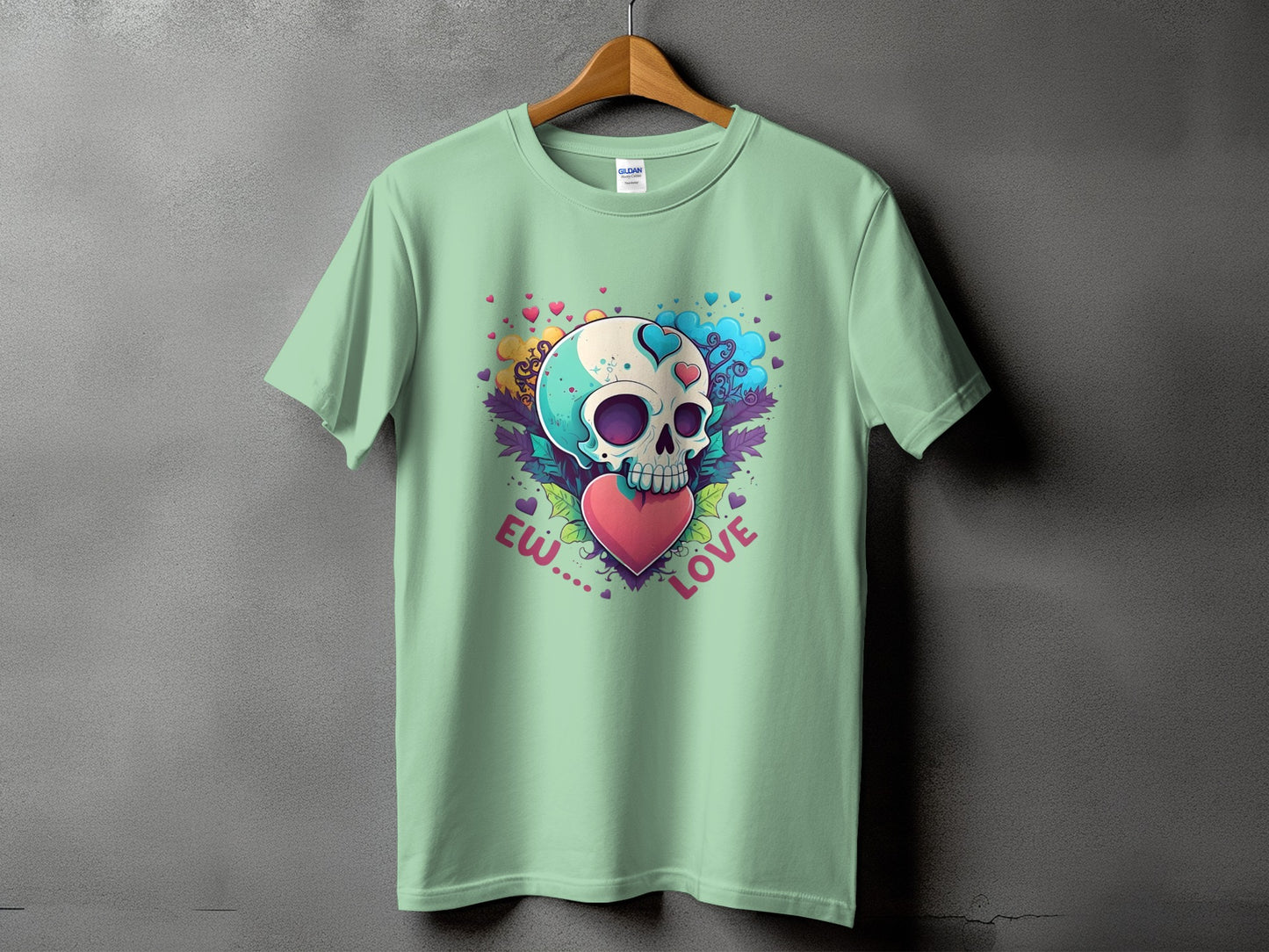 Mint green t-shirt with colorful skull, heart, and text "Ew....Love".