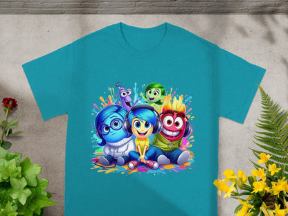 Joy, Sadness, Anger, Fear, and Disgust characters from Inside Out on a t-shirt.