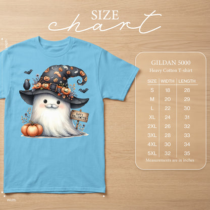 Blue t-shirt with a watercolor ghost wearing a witch hat, holding a pumpkin. Includes size chart.