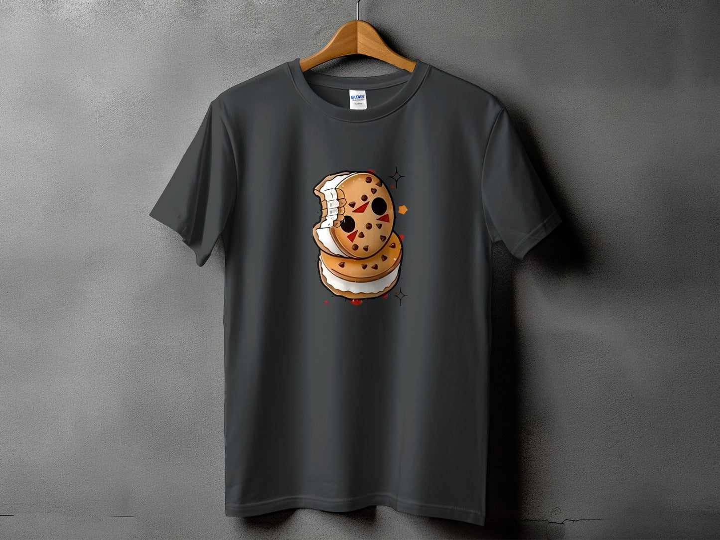 Dark grey t-shirt with a cartoon ice cream sandwich graphic.