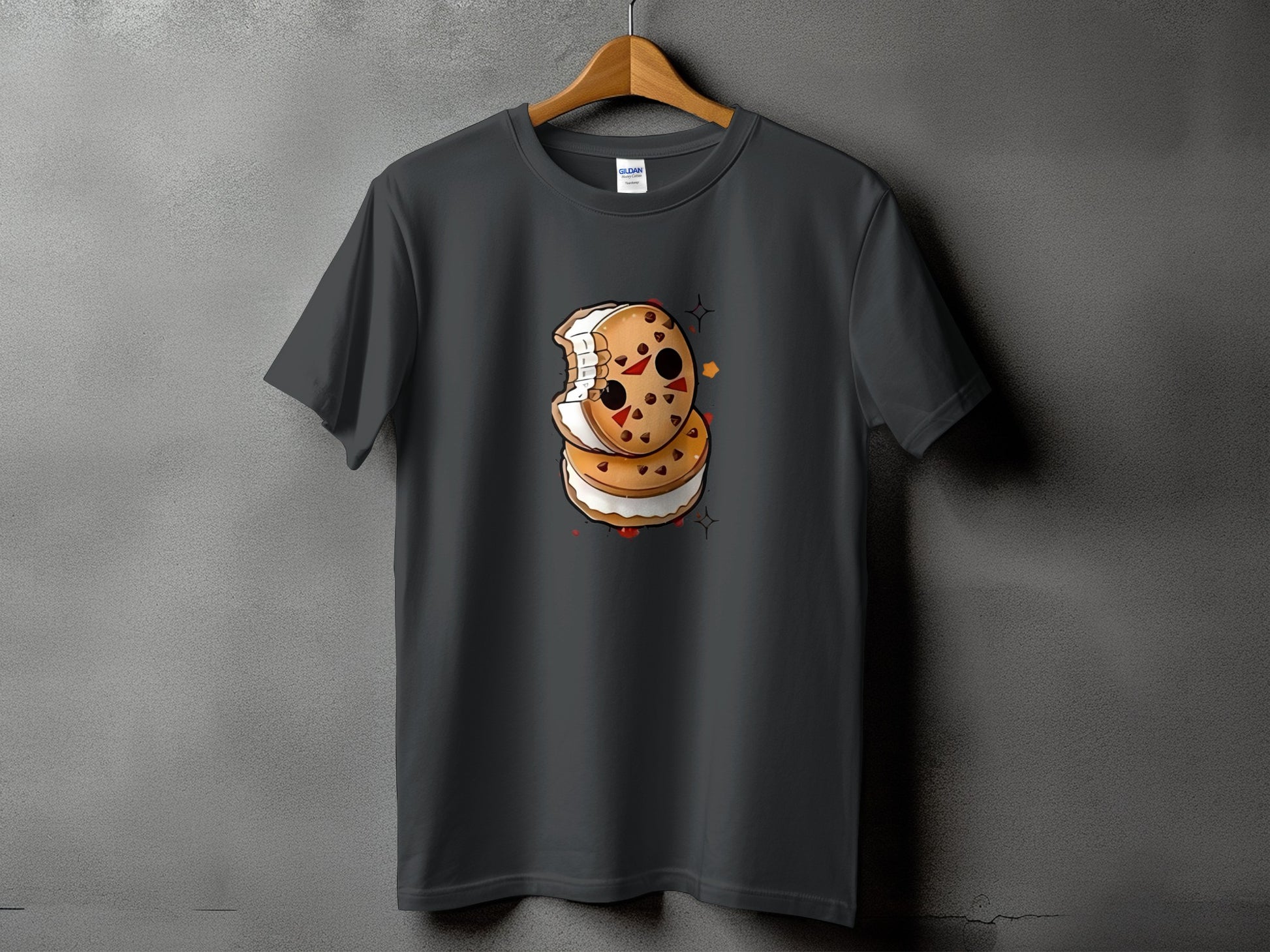 Dark grey t-shirt with a cartoon ice cream sandwich graphic.