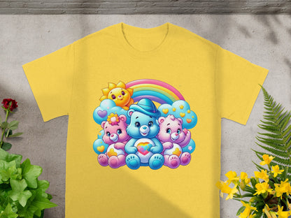 Three Care Bears and a sun character sitting together under a rainbow.