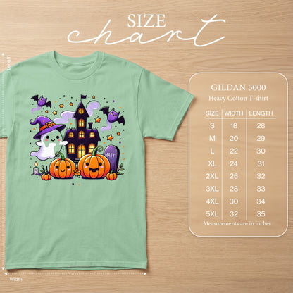 Green Gildan 5000 t-shirt with Halloween graphic and size chart.