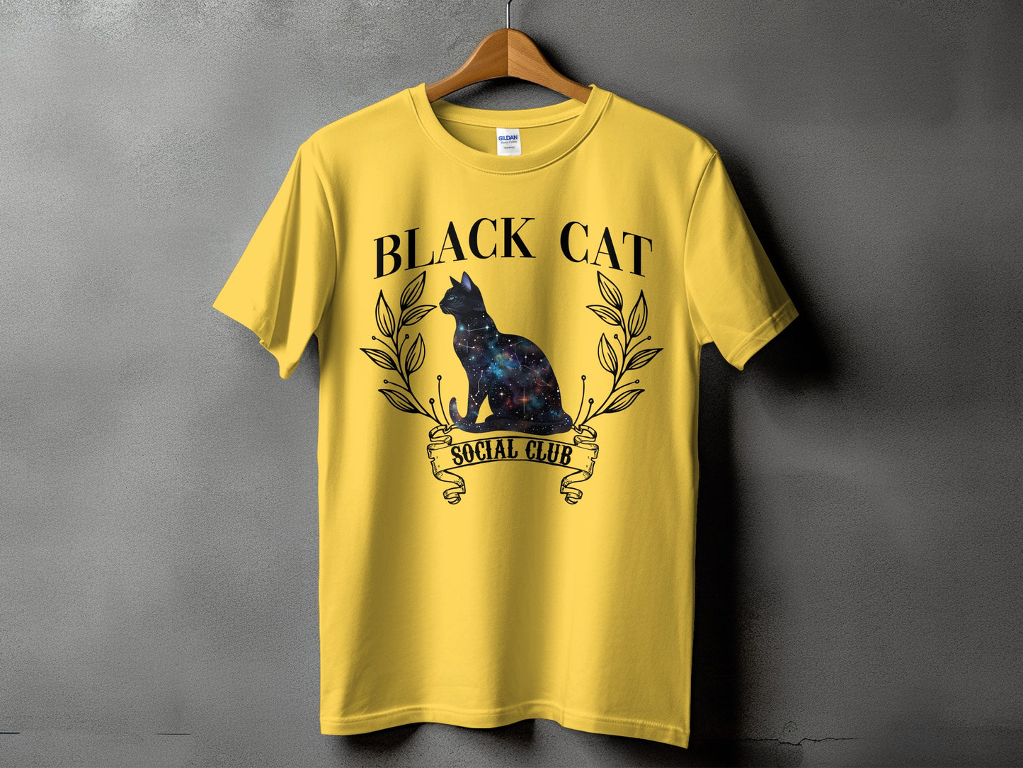Yellow t-shirt with "BLACK CAT SOCIAL CLUB" text and a galaxy cat graphic.