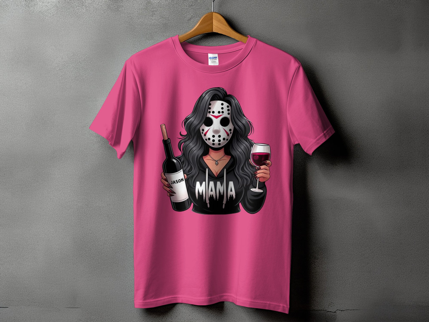 Pink t-shirt with graphic of woman in hockey mask holding wine bottle and glass.