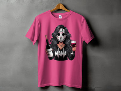 Pink t-shirt with graphic of woman in hockey mask holding wine bottle and glass.