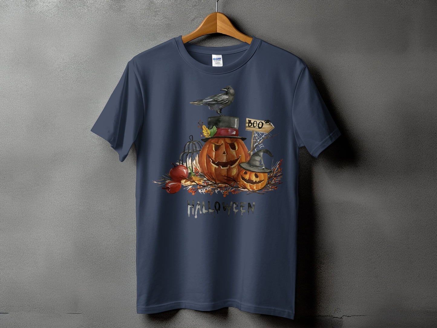 Navy t-shirt with Halloween graphic of pumpkins, crow, and sign that says "BOO".