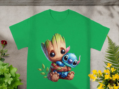 Groot hugging Stitch on a green t-shirt.