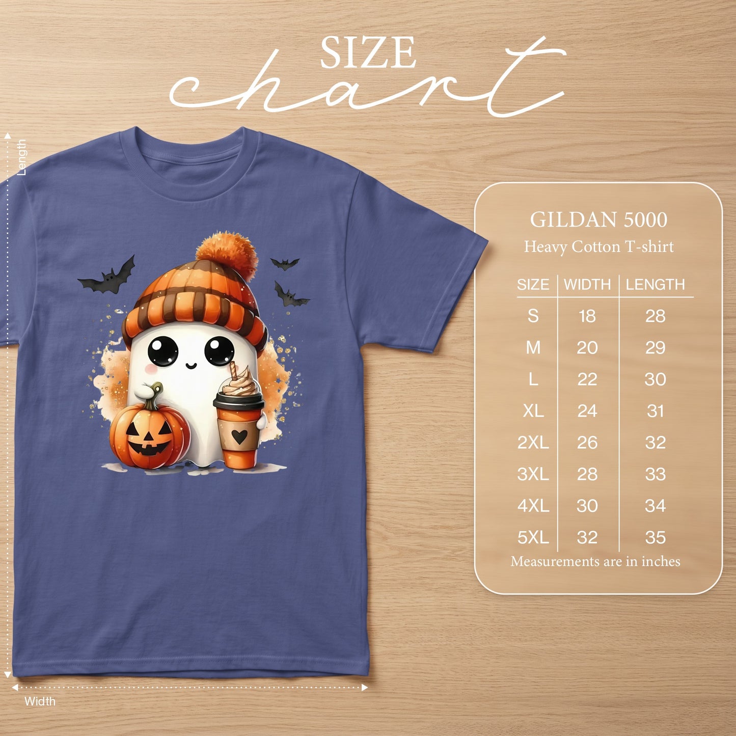Gildan 5000 Heavy Cotton T-shirt size chart featuring a Halloween ghost graphic.