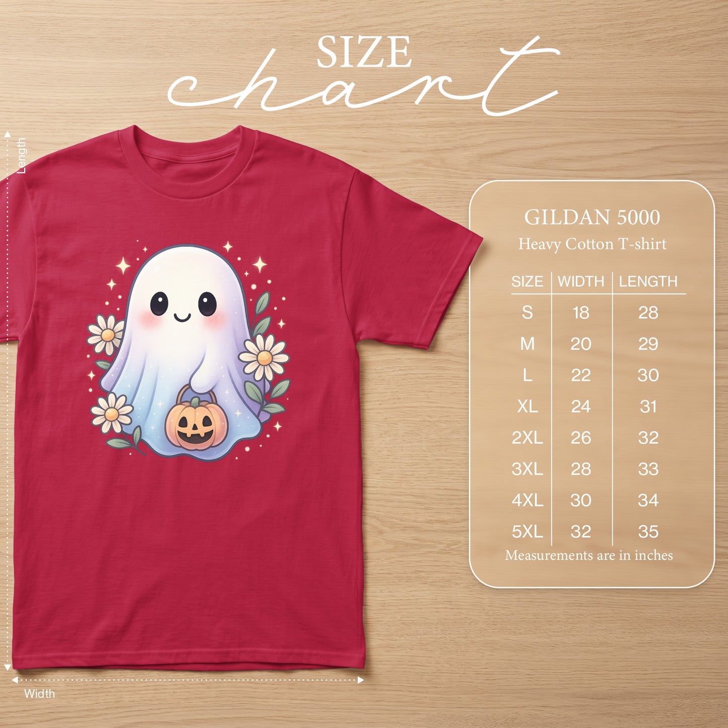 Red Gildan 5000 Heavy Cotton T-shirt with a cute ghost design and size chart.