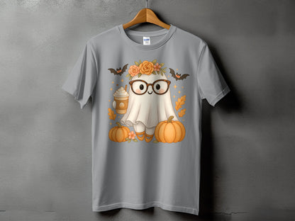 Ghost with glasses, flowers, pumpkins, and coffee cup on a gray t-shirt.
