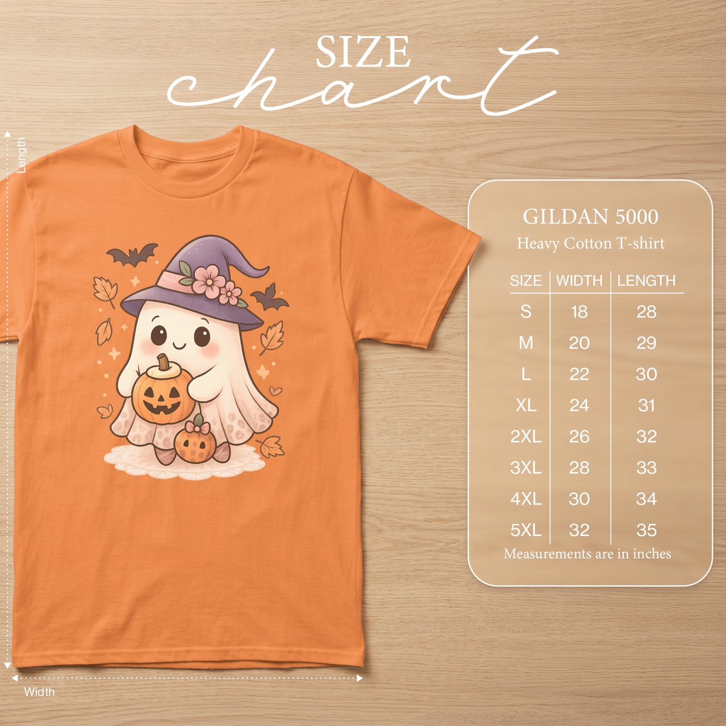 Orange Gildan 5000 t-shirt with a cute ghost holding pumpkins, and a size chart.