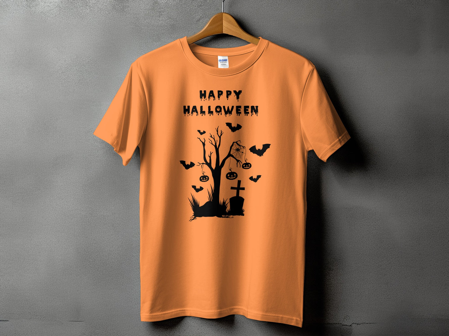 Orange t-shirt with black Halloween graphic featuring text and spooky elements.