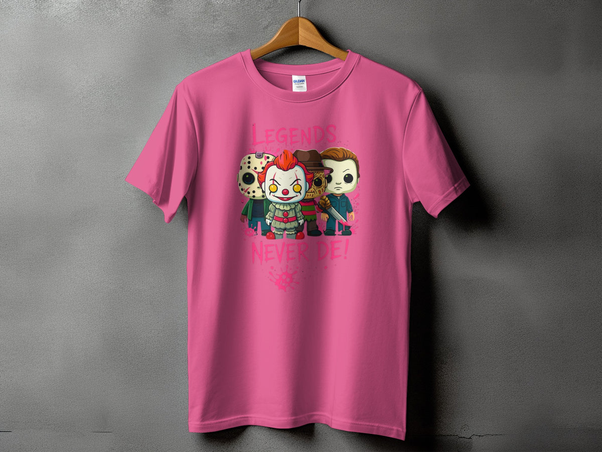 Pink t-shirt with cartoon horror characters and text "LEGENDS NEVER DIE!".