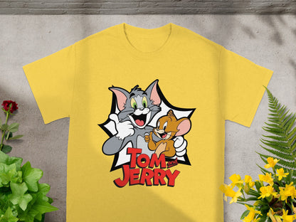 Yellow t-shirt featuring Tom and Jerry cartoon characters.