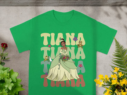 Green t-shirt with Tiana from Princess and the Frog graphic.
