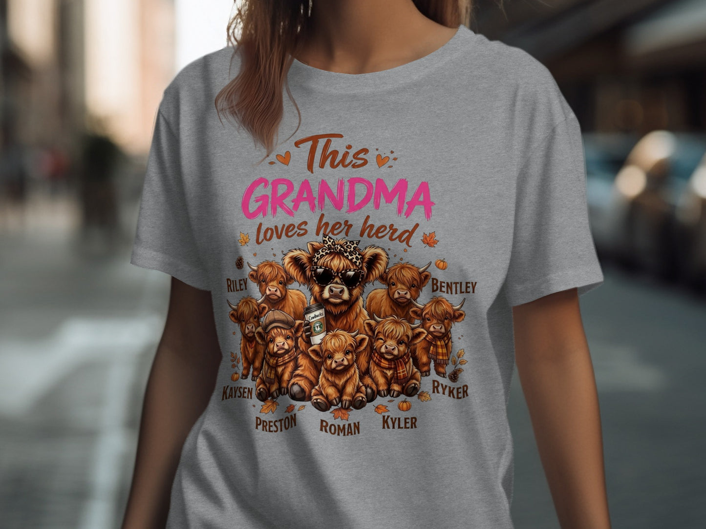 Grey t-shirt with highland cows and names Riley, Bentley, Kaysen, Ryker, Preston, Roman, and Kyler.