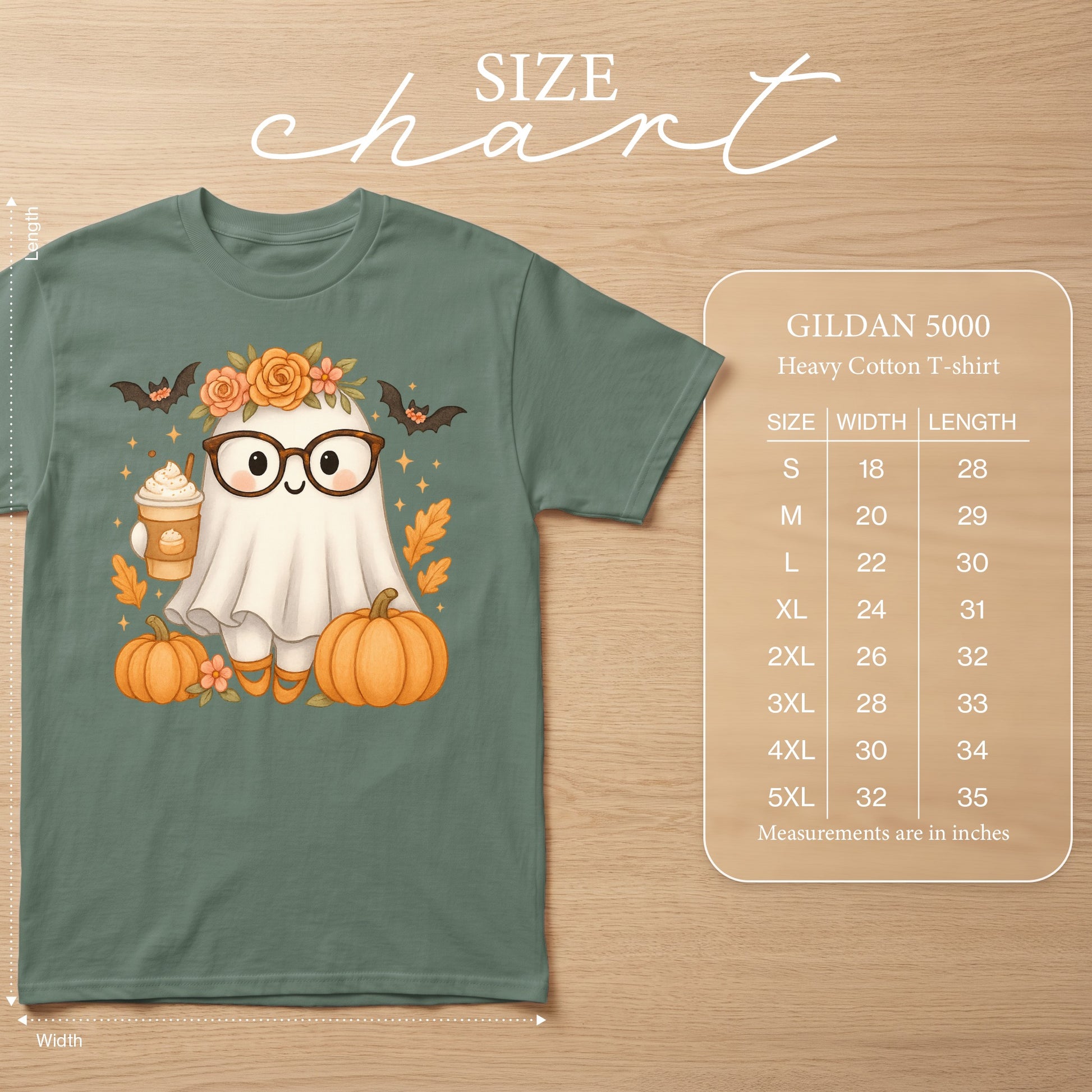 Ghost with pumpkin and coffee graphic on Gildan 5000 heavy cotton t-shirt with size chart.