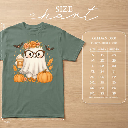 Ghost with pumpkin and coffee graphic on Gildan 5000 heavy cotton t-shirt with size chart.