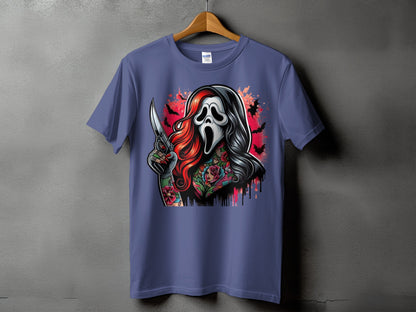 T-shirt with Ghostface graphic, knife, and floral tattoos.