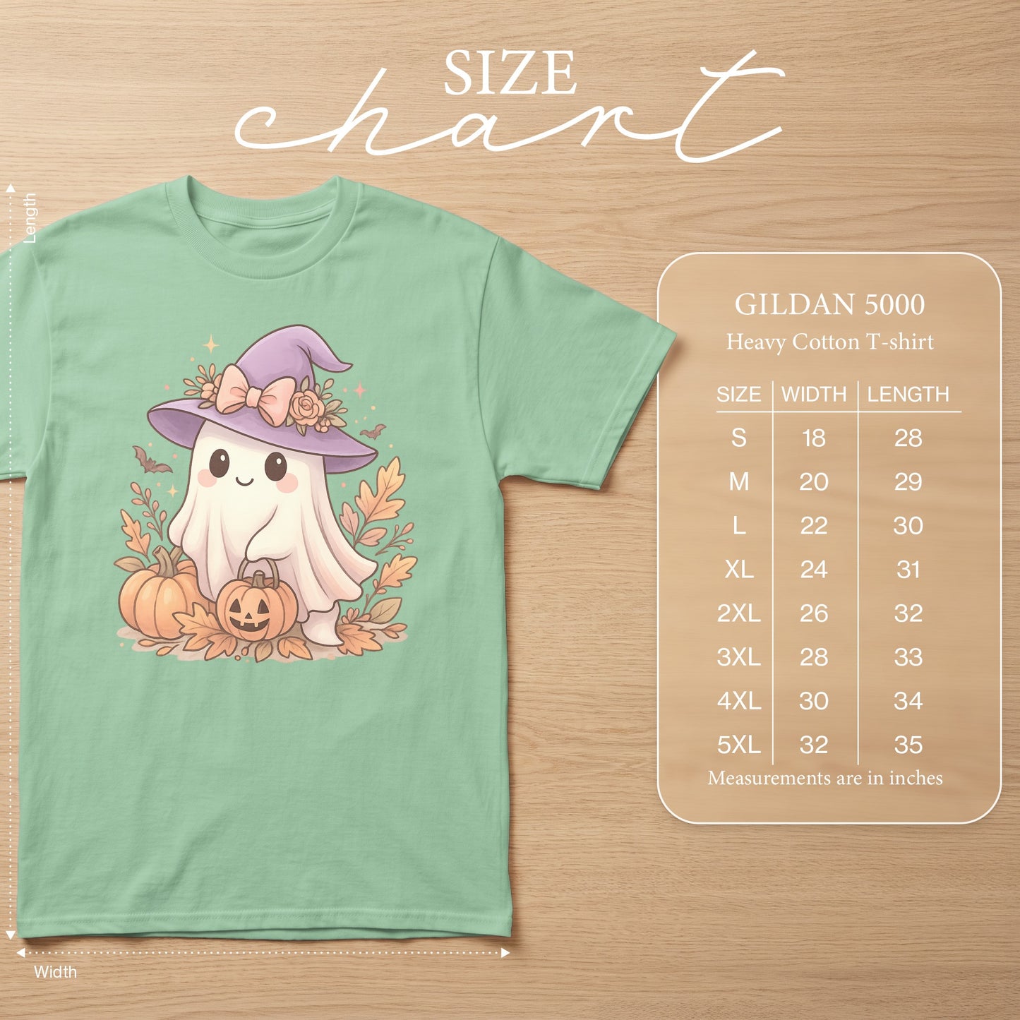 Mint green t-shirt with a cute ghost and pumpkins graphic, size chart included.