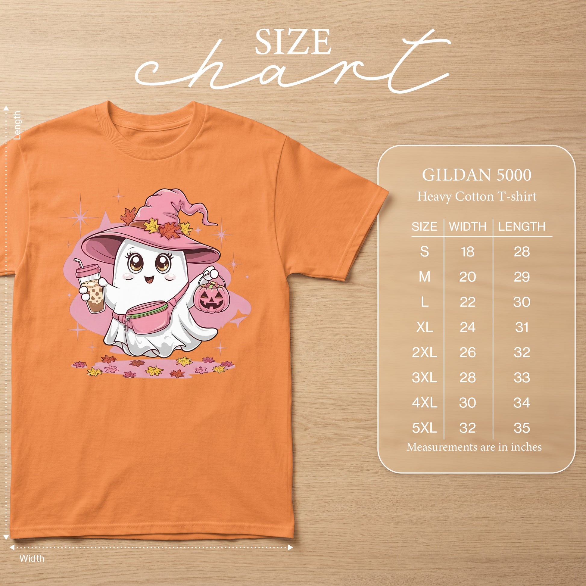 Orange t-shirt with cartoon ghost wearing witch hat, holding drink and pumpkin, with size chart.