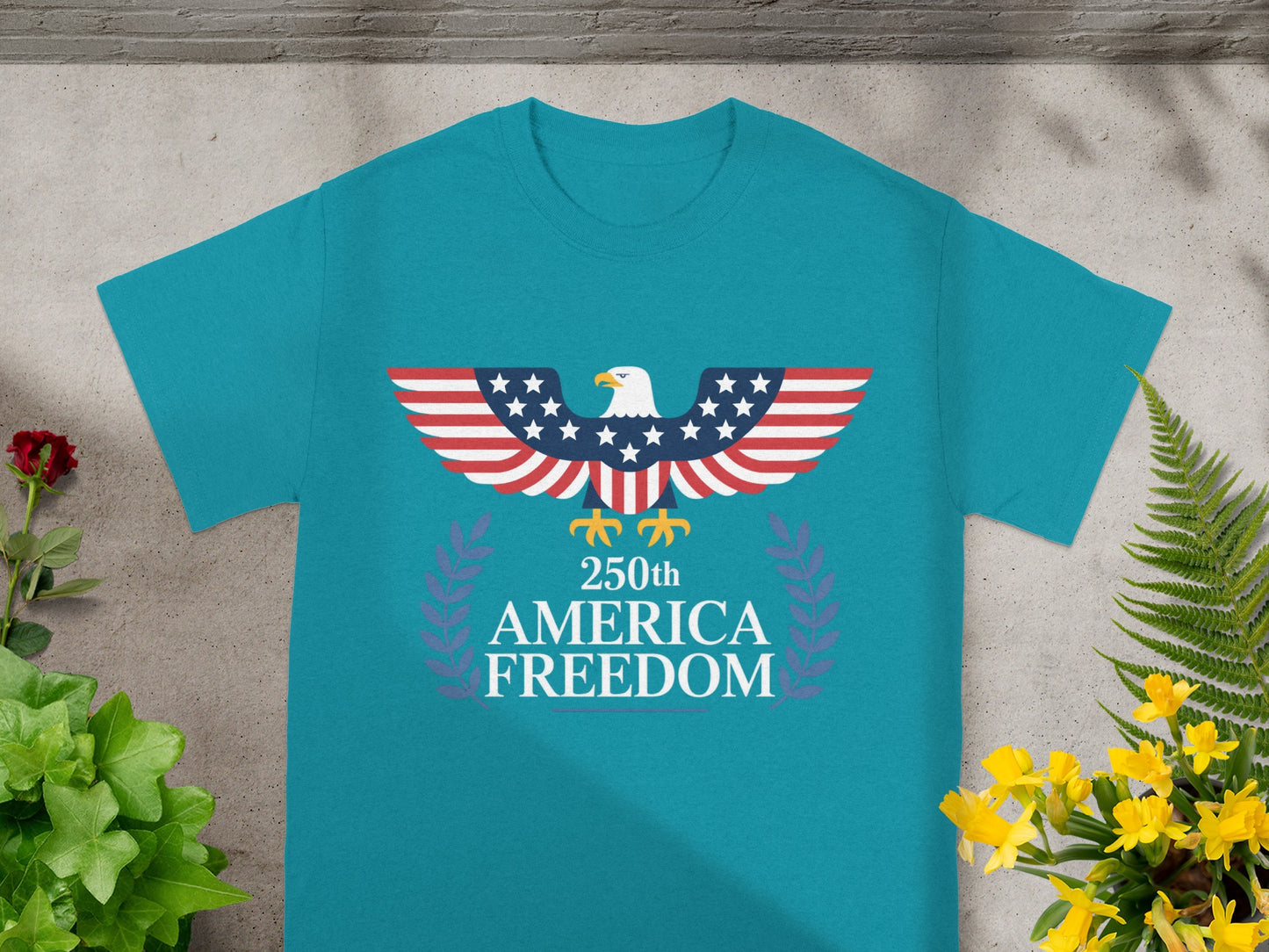Teal t-shirt with eagle and "250th AMERICA FREEDOM" text.
