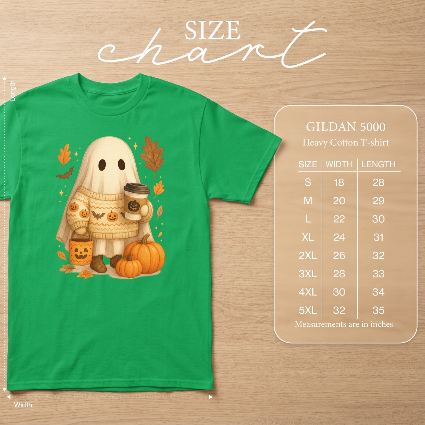 Green t-shirt with a ghost graphic holding coffee, wearing a pumpkin sweater. Size chart included.