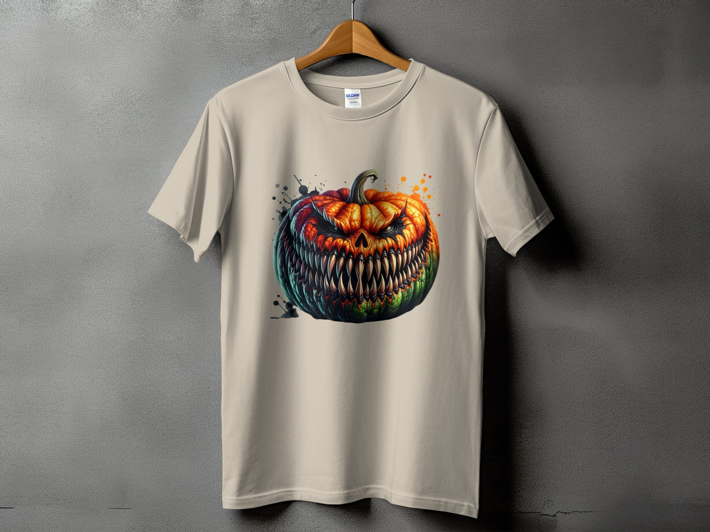 T-shirt with a scary, detailed jack-o'-lantern design and splatters.