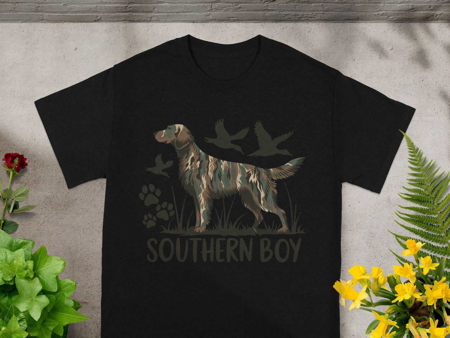 Black t-shirt design with a camouflage dog and flying ducks, saying "SOUTHERN BOY".