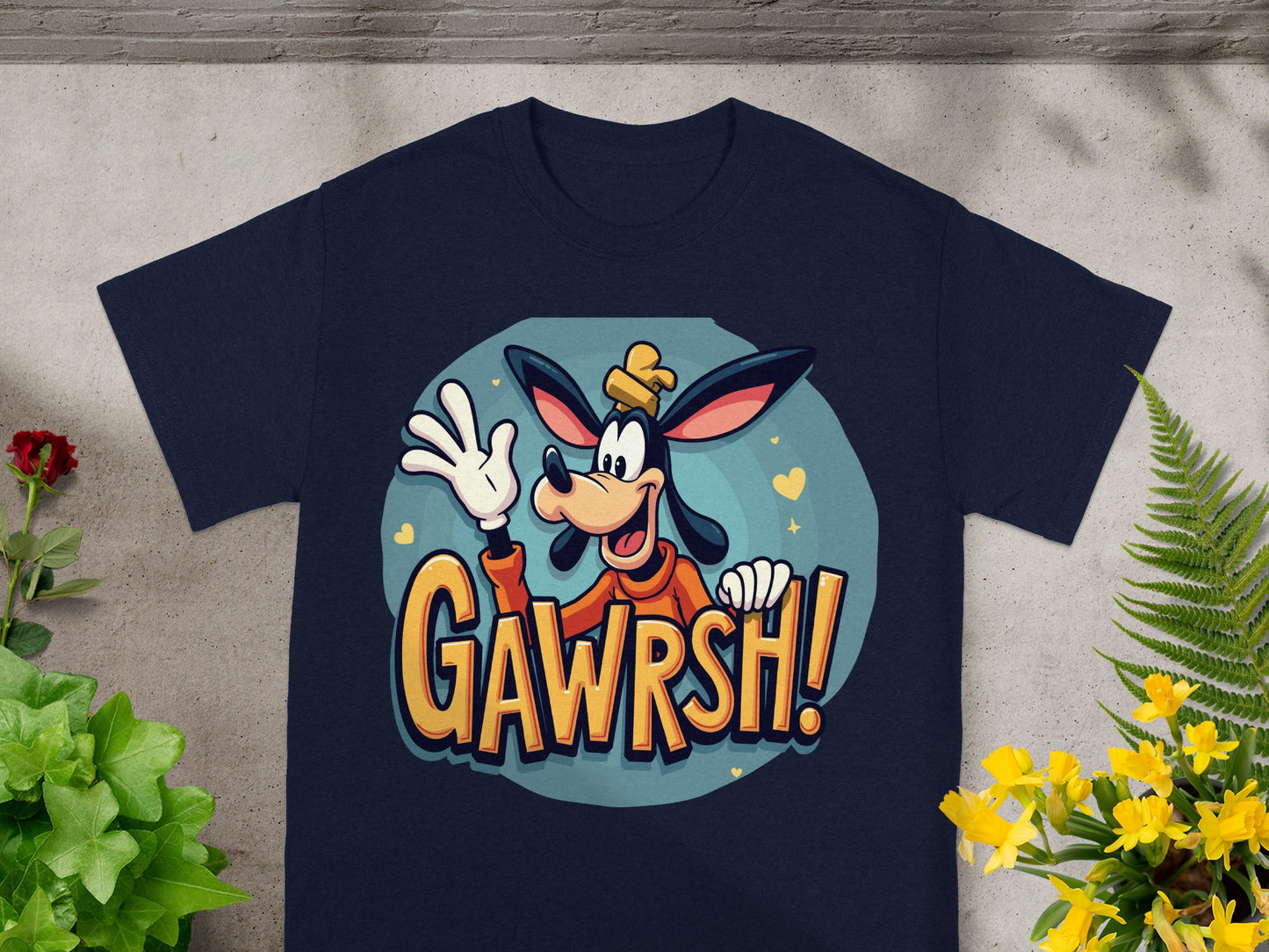 Goofy wearing a hat, waving, with "GAWRSH!" text.