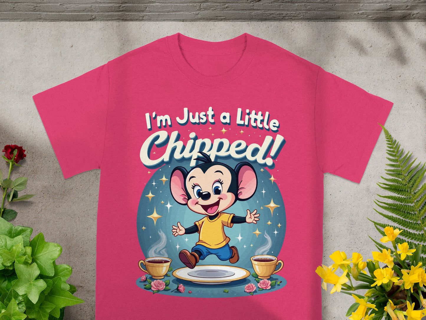 Pink t-shirt with a cartoon mouse and the text "I'm Just a Little Chipped!".