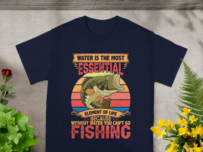 Navy t-shirt with a bass fish graphic and text about fishing.