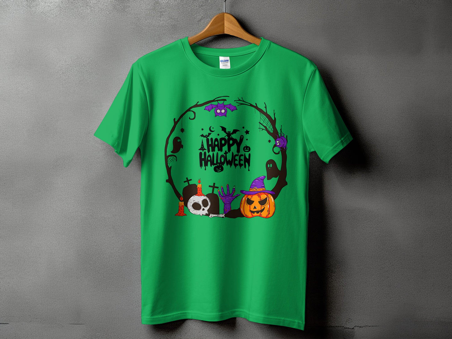 Green t-shirt with "A Happy Halloween" text and spooky graphics including pumpkin and skeleton.